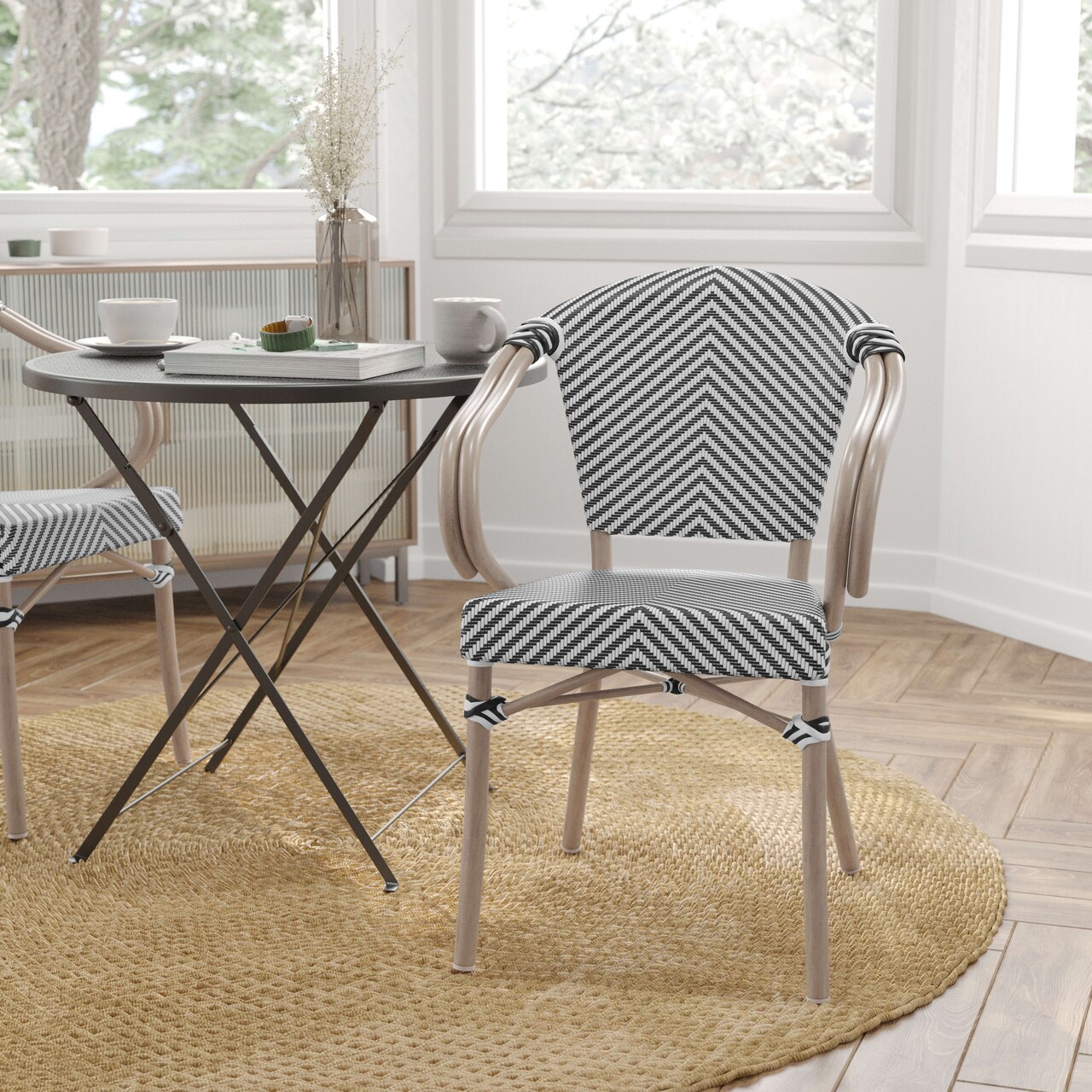 Merrick Lane Mael Stacking Thonet Bistro Style Chair with Arms, Textilene Seat, and Bamboo Finished Metal Frame for Indoor/Outdoor Use